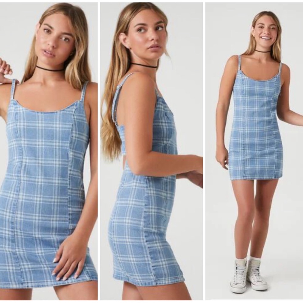 NWT Forever 21 Plaid Cami Mini Dress in Light Denim Size Small - Picture 1 of 9